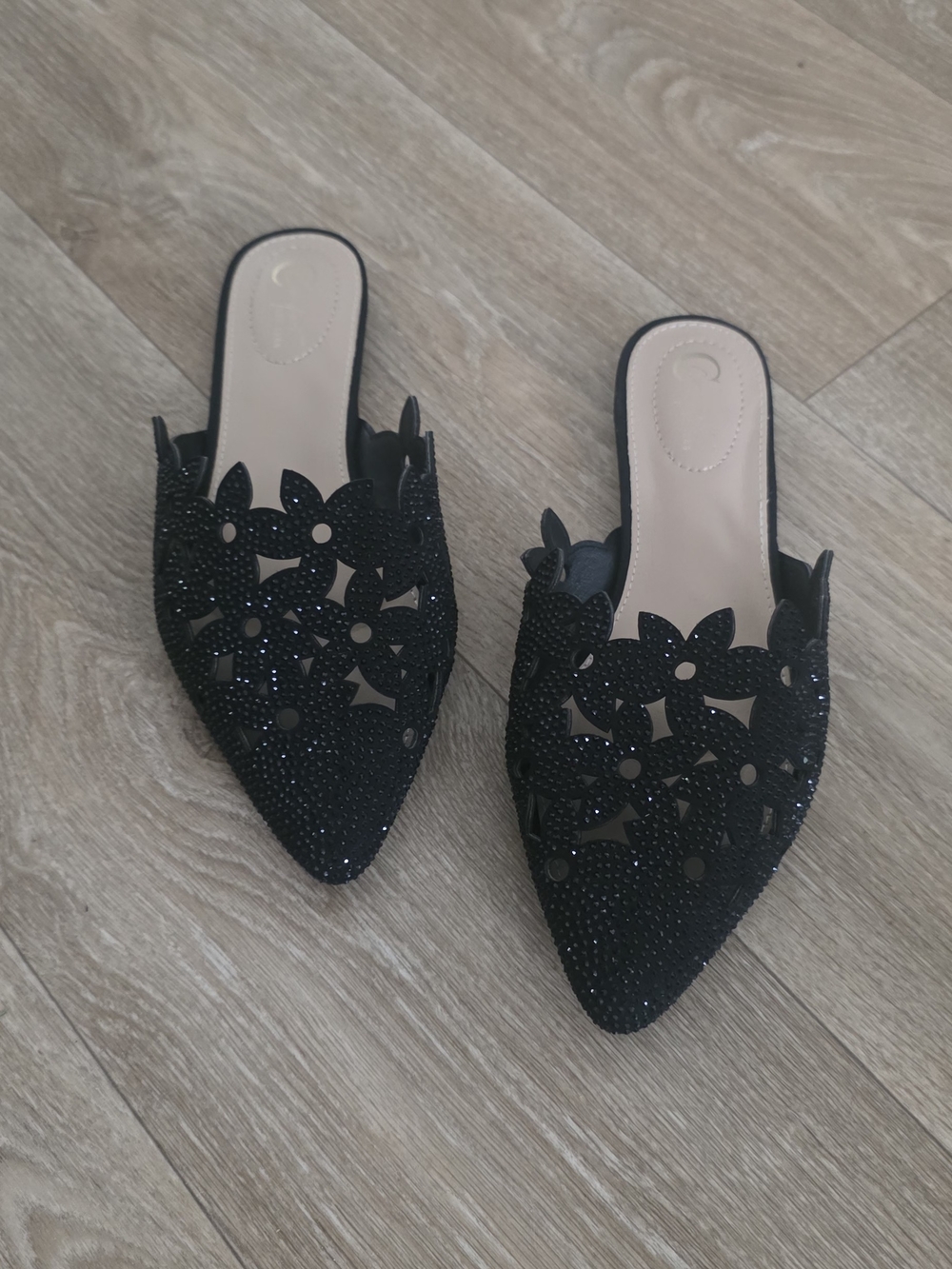 Women's Black Embellished Pointed Toe Slip-On Mules